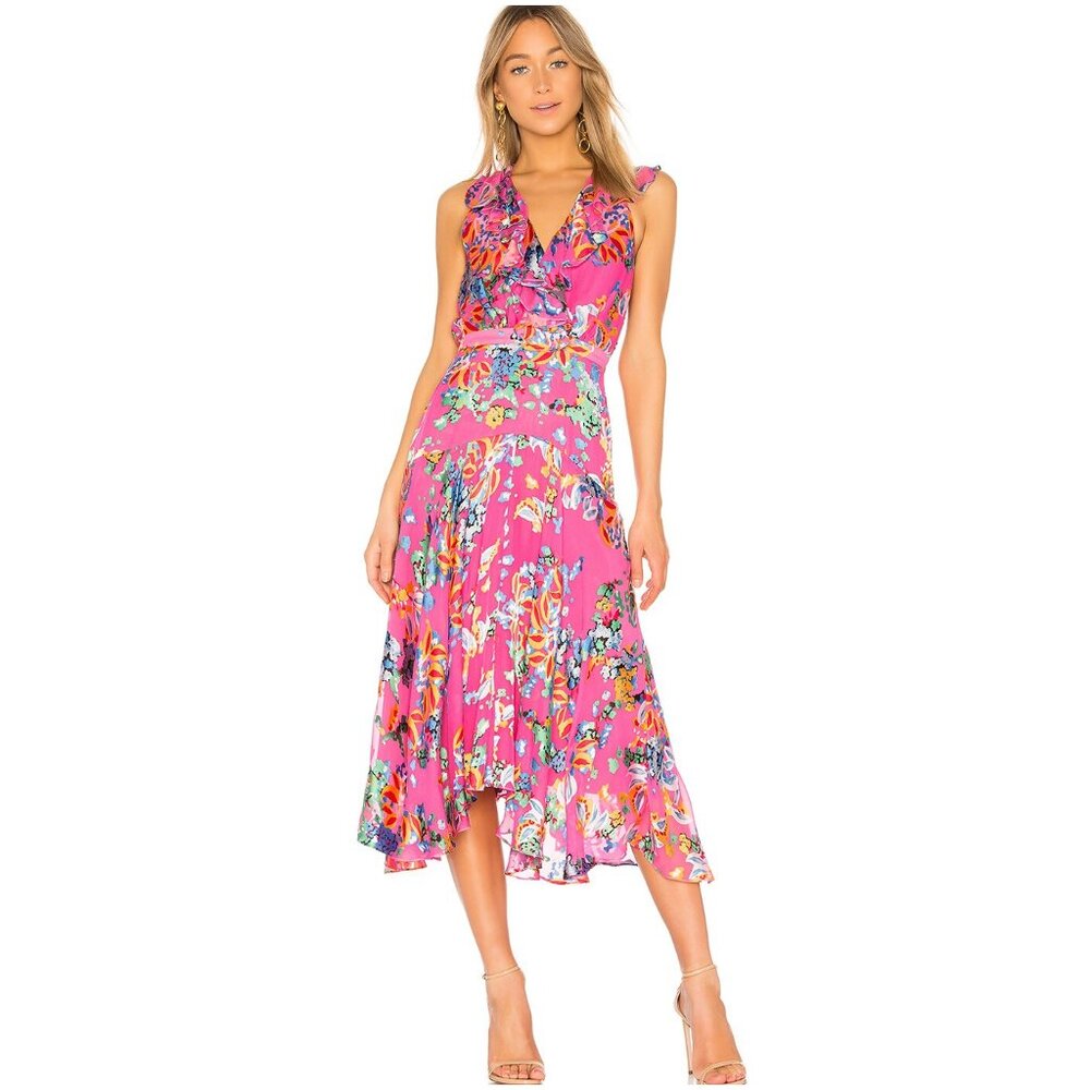 SALONI Rita Floral Silk Midi Dress in Pink Begonia size US 2 XS v neck ruffle